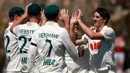 Joueurs célébrant un wicket lors d'un match de cricket