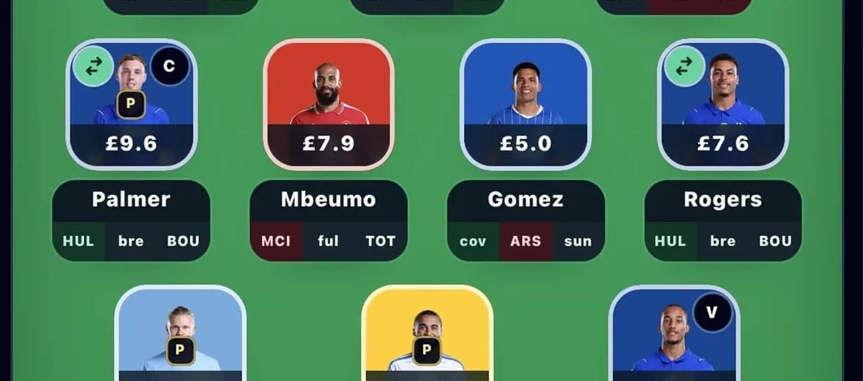 Interface displaying fantasy football player selections