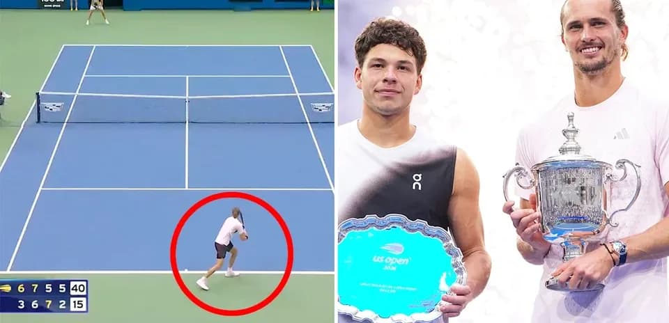Match action and trophy presentation at US Open