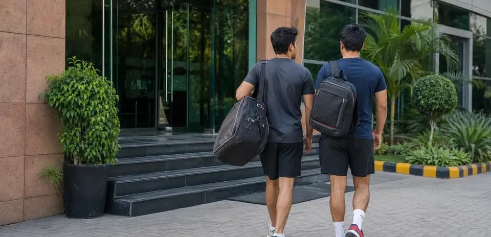 Deux joueurs marchant vers un bâtiment sportif
