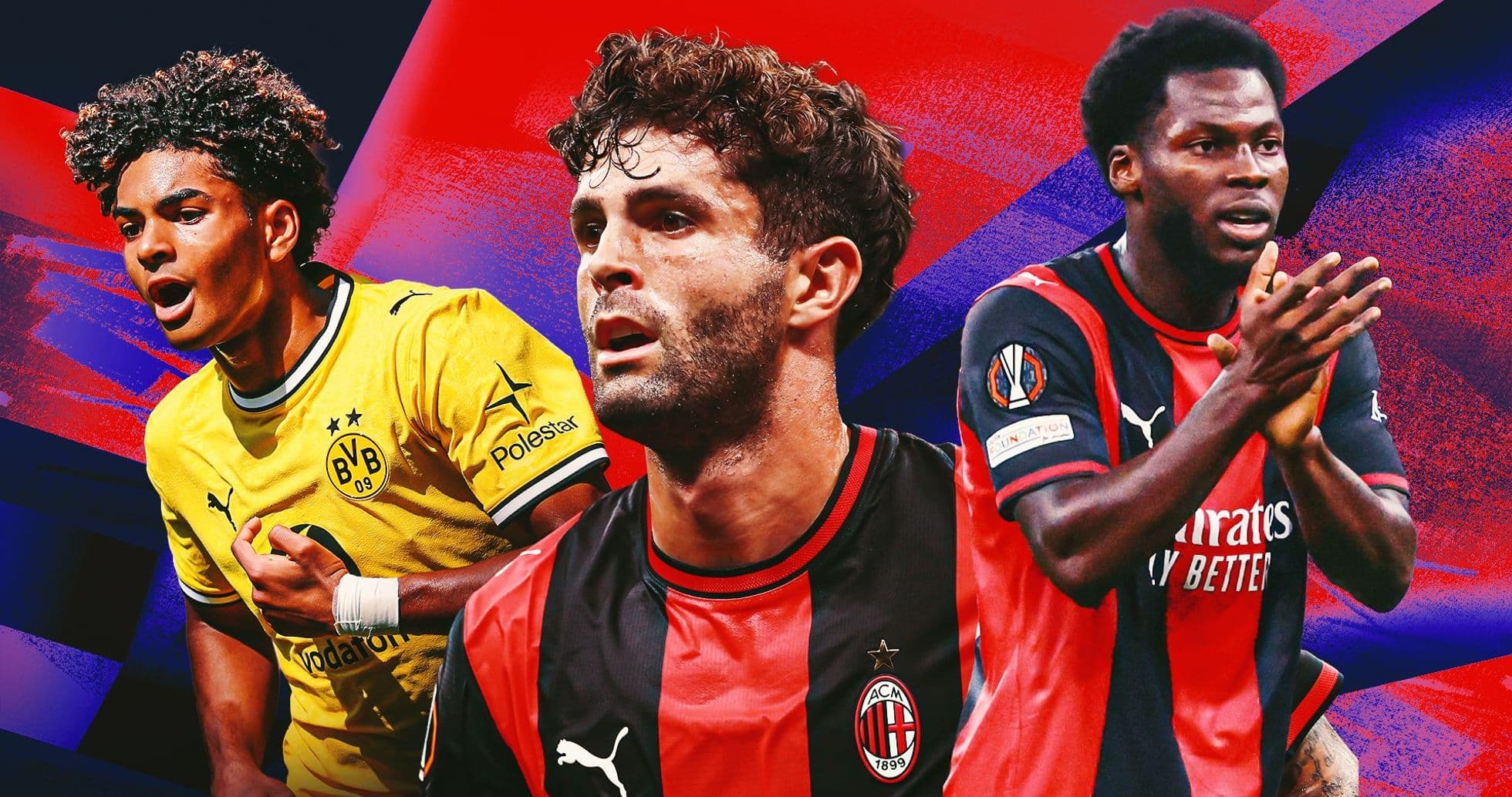 Trois joueurs de football sur fond coloré