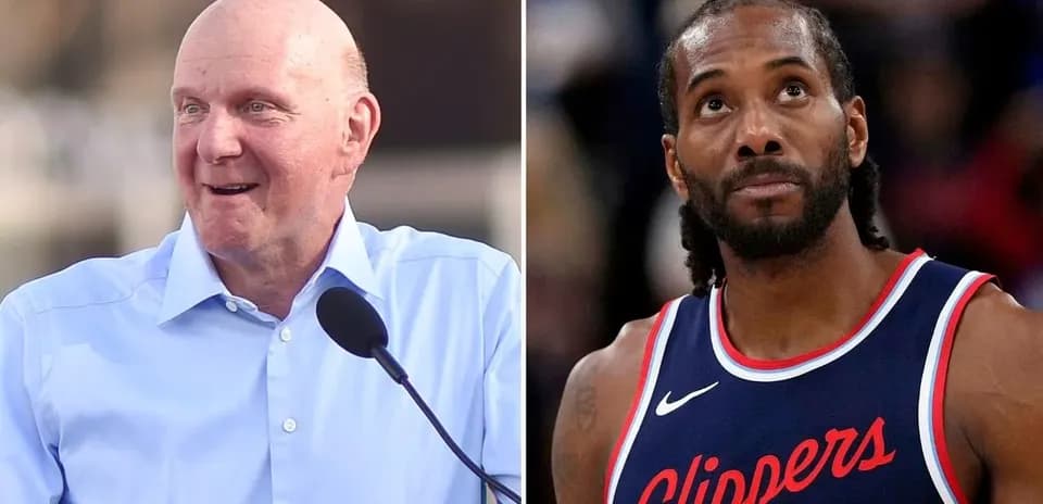 Steve Ballmer speaking and Kawhi Leonard during game