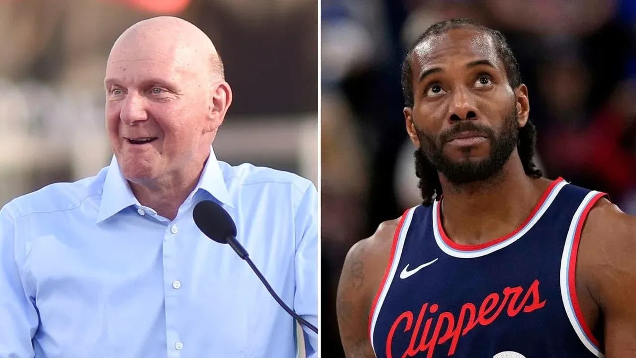 Steve Ballmer speaking and Kawhi Leonard during game