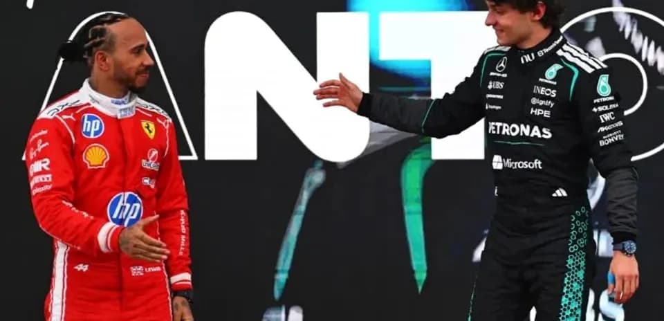 Lewis Hamilton and George Russell on podium celebration