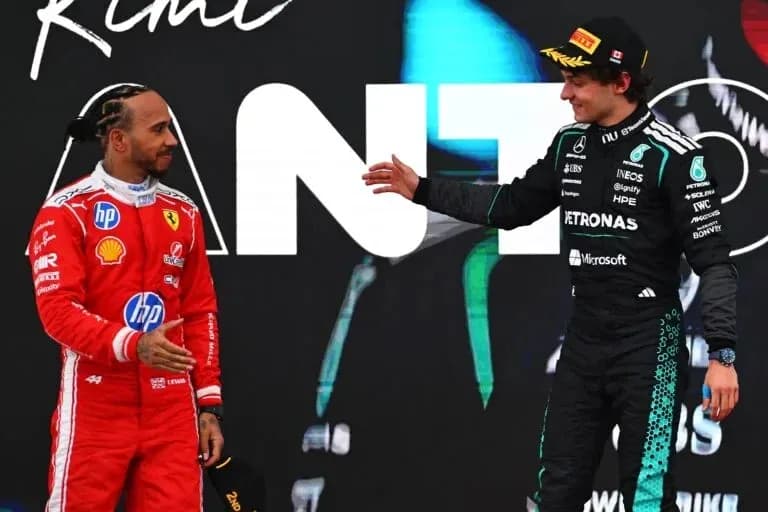 Lewis Hamilton and George Russell on podium celebration