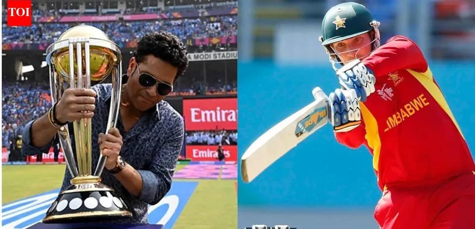 Sachin Tendulkar holding a cricket trophy and player batting