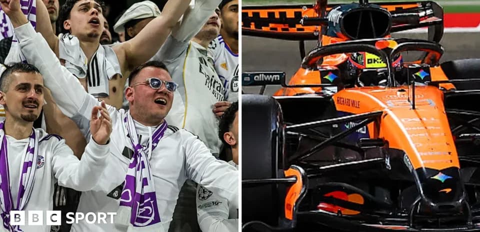 Supporters celebrating on the left; McLaren F1 car racing on the right