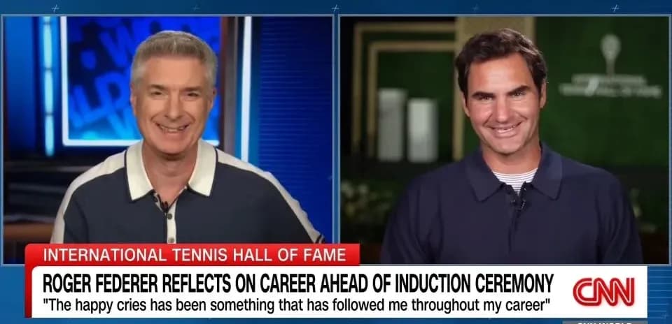 Interviewer and Roger Federer during interview segment