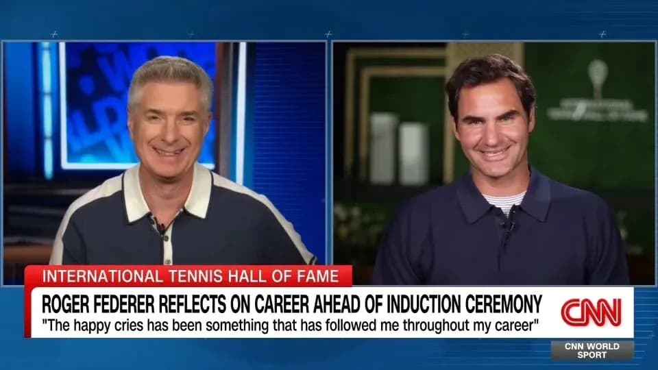 Interviewer and Roger Federer during interview segment
