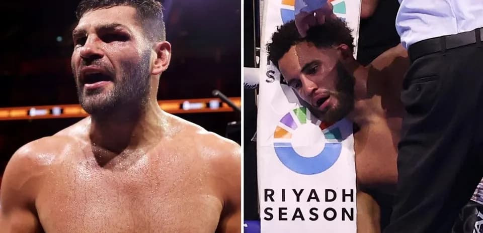Boxeurs après le combat, l'un victorieux, l'autre blessé