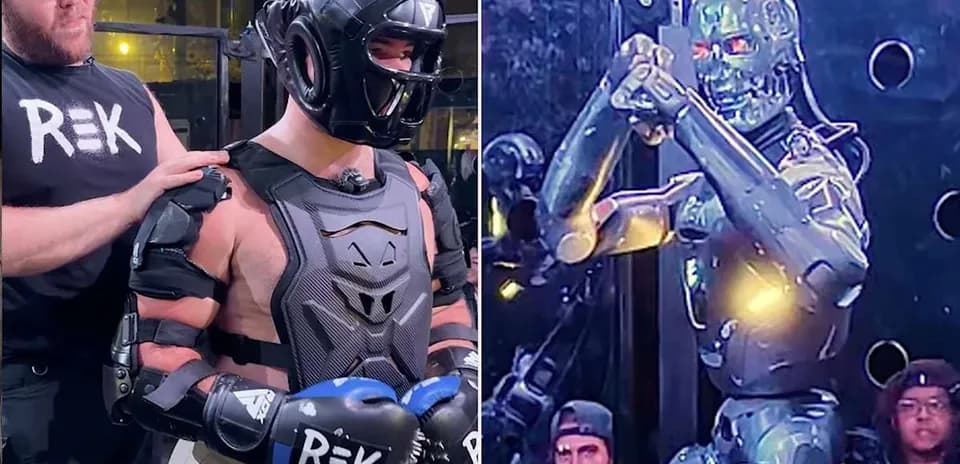 Homme en équipement de protection face à un robot