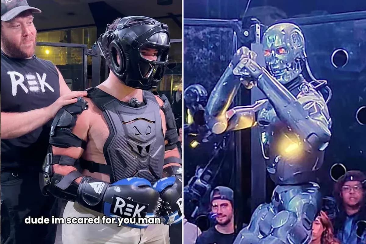 Homme en équipement de protection face à un robot