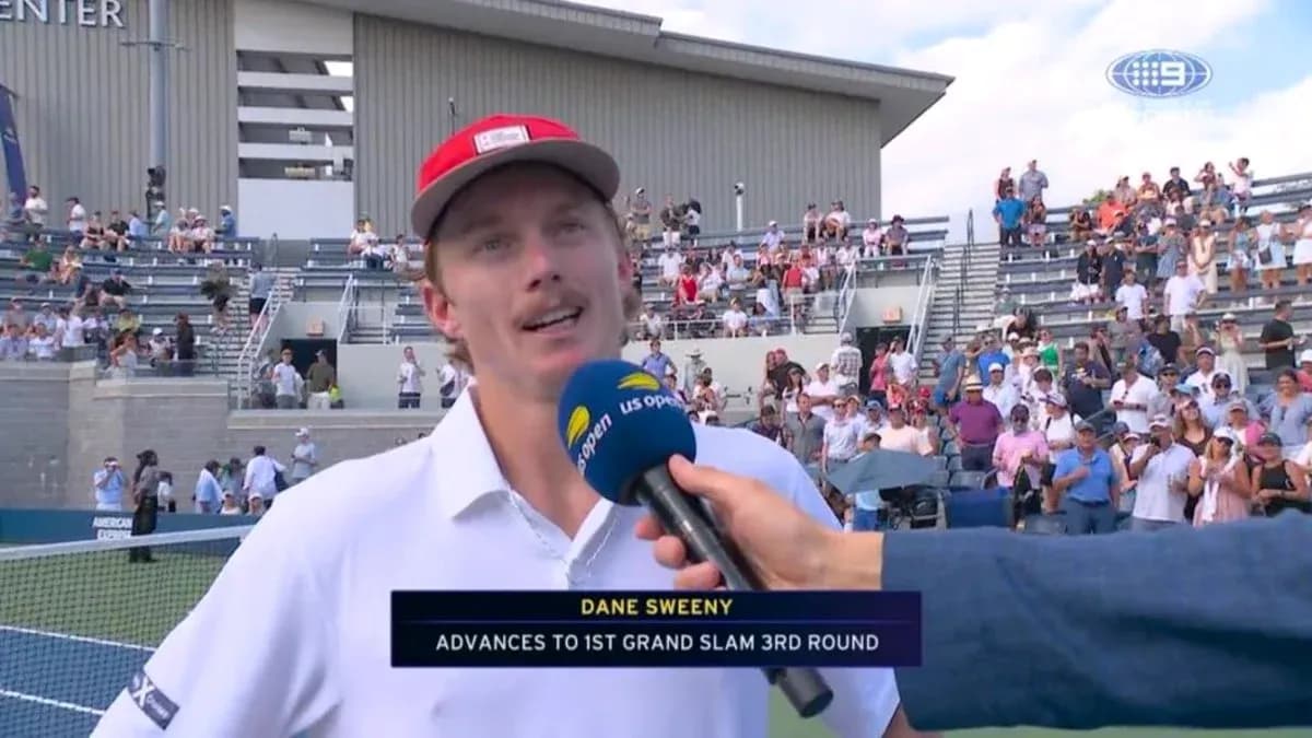 Dane Sweeny interviewed after winning tennis match
