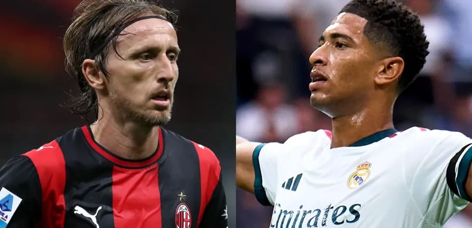 Deux joueurs en action, l'un en maillot AC Milan, l'autre en maillot Real Madrid