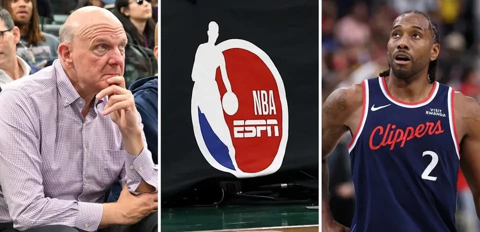 Steve Ballmer, logo NBA/ESPN, Kawhi Leonard sur le terrain