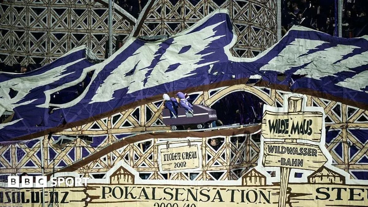 Tifo display with roller coaster theme at stadium