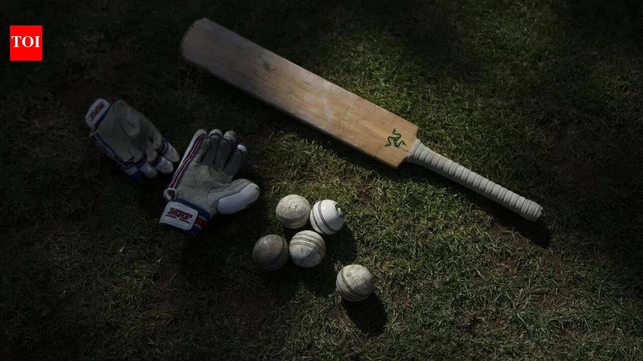 Bat, gloves, and cricket balls on grass