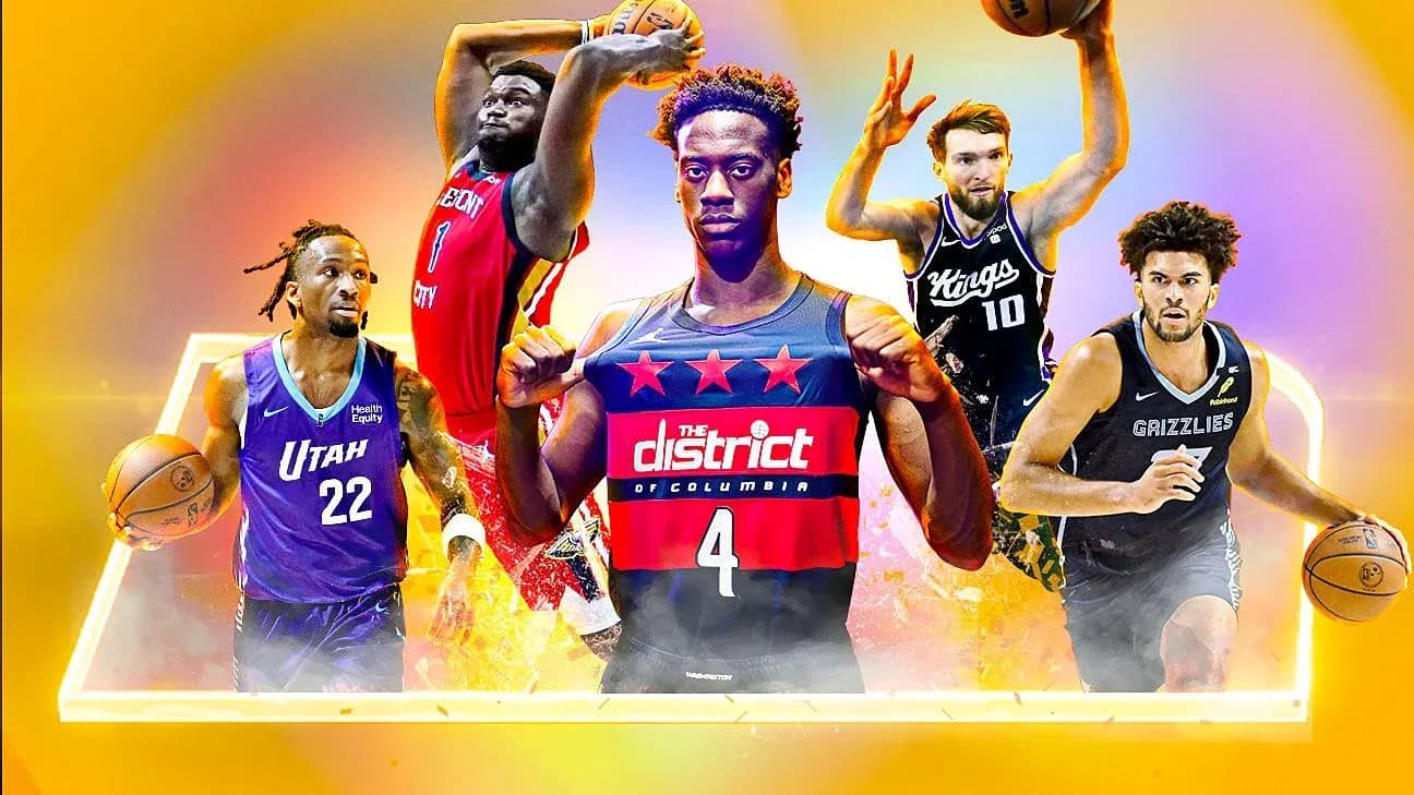 Cinq joueurs de basketball avec ballons en action