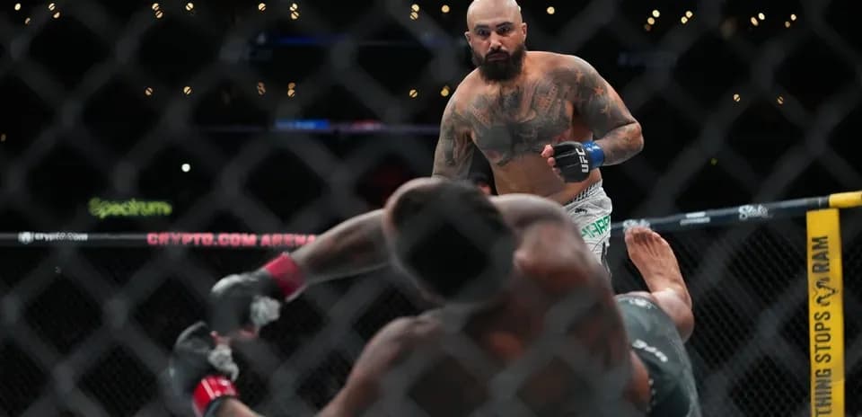 Fighter preparing to strike downed opponent in octagon