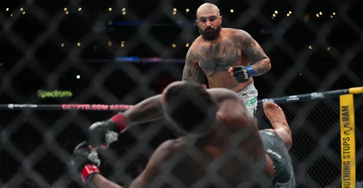 Fighter preparing to strike downed opponent in octagon