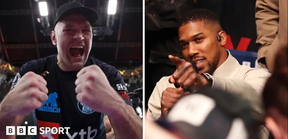 Tyson Fury celebrating; Anthony Joshua pointing from audience