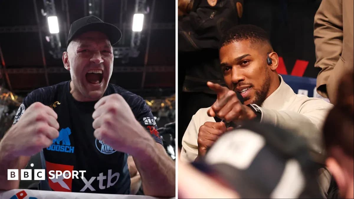 Tyson Fury celebrating; Anthony Joshua pointing from audience