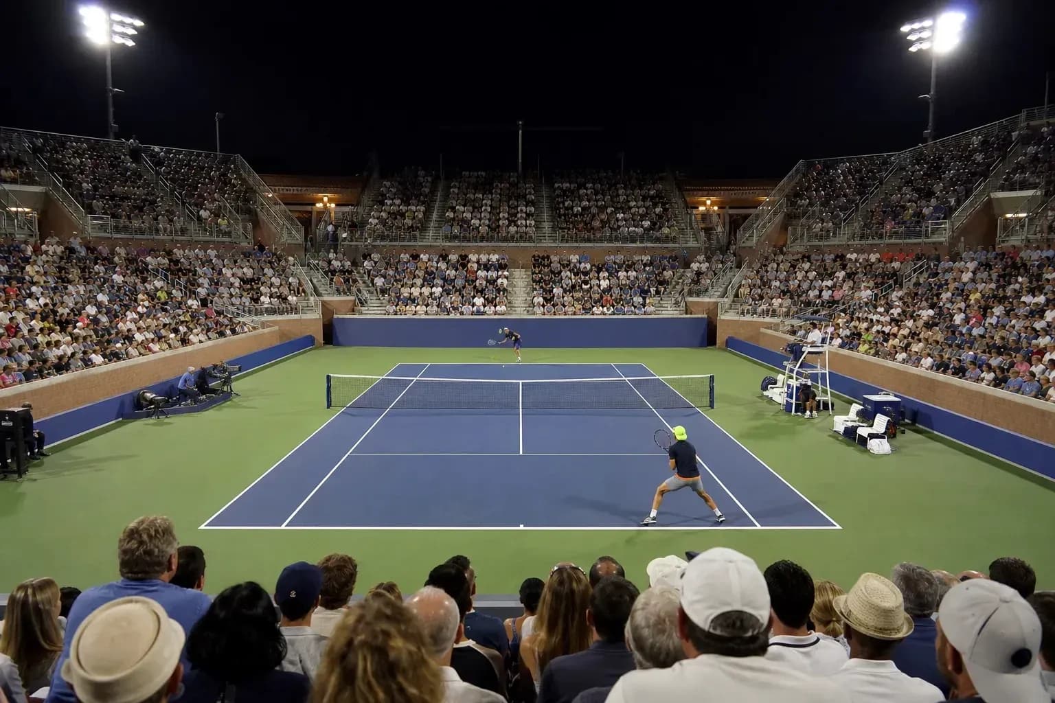 Match de tennis sous les lumières avec public nombreux