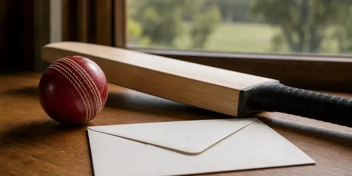 Batte de cricket, balle et enveloppe sur table