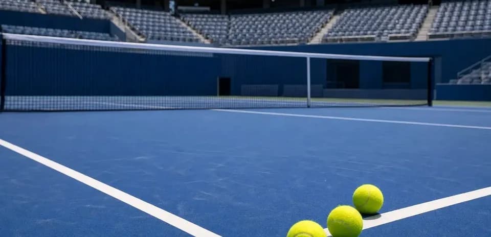 Trois balles de tennis sur un court bleu