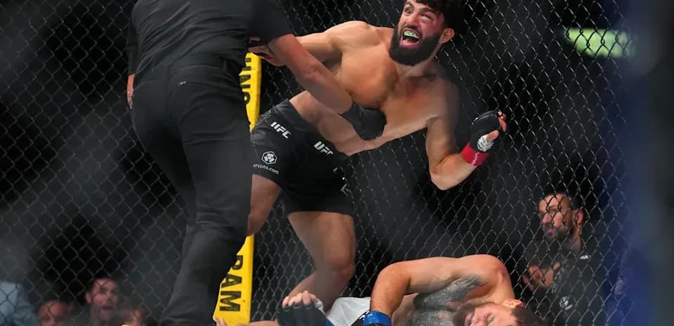 Combatants in UFC fight, one receiving assistance