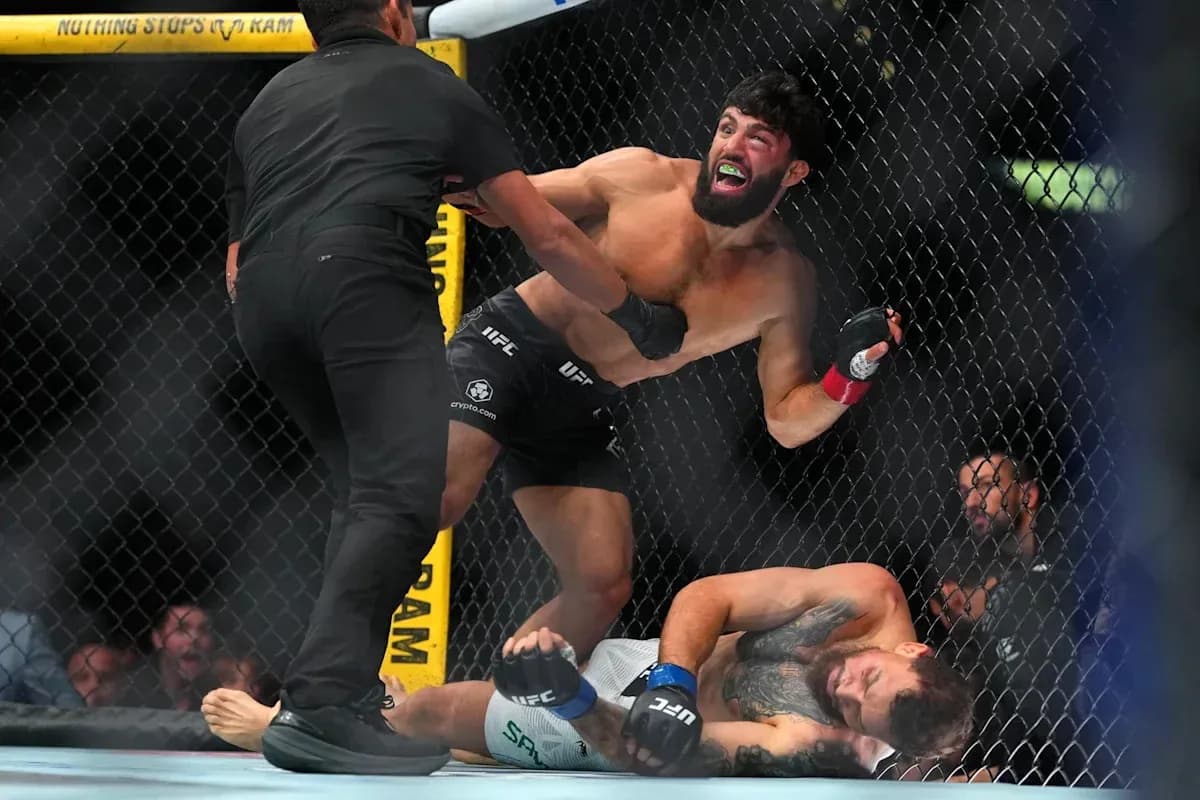 Combatants in UFC fight, one receiving assistance