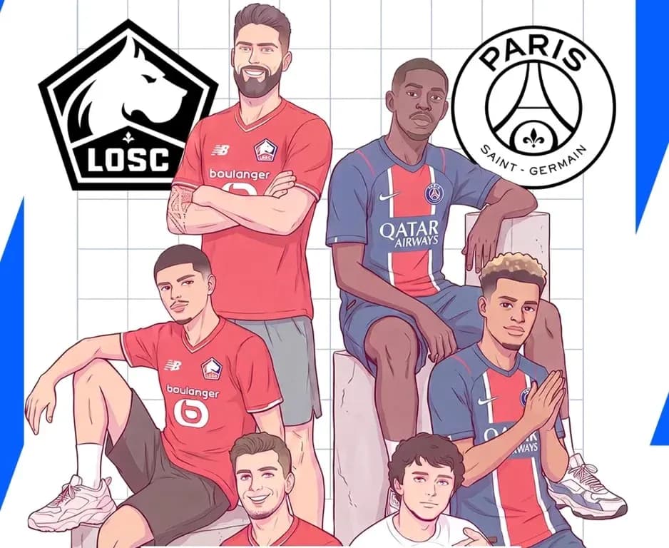 Joueurs de LOSC et PSG posant ensemble en illustration