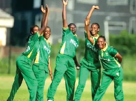 Cinq joueuses de cricket célébrant sur le terrain