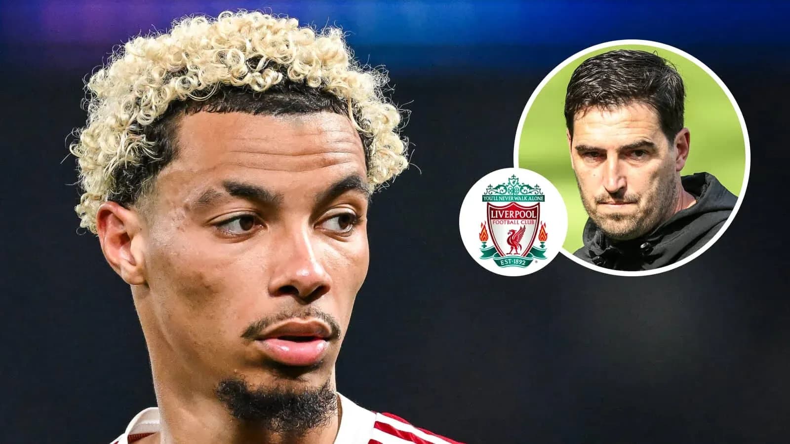 Joueur avec cheveux bouclés et logo Liverpool en arrière-plan Joueur avec cheveux bouclés et logo Liverpool en arrière-plan