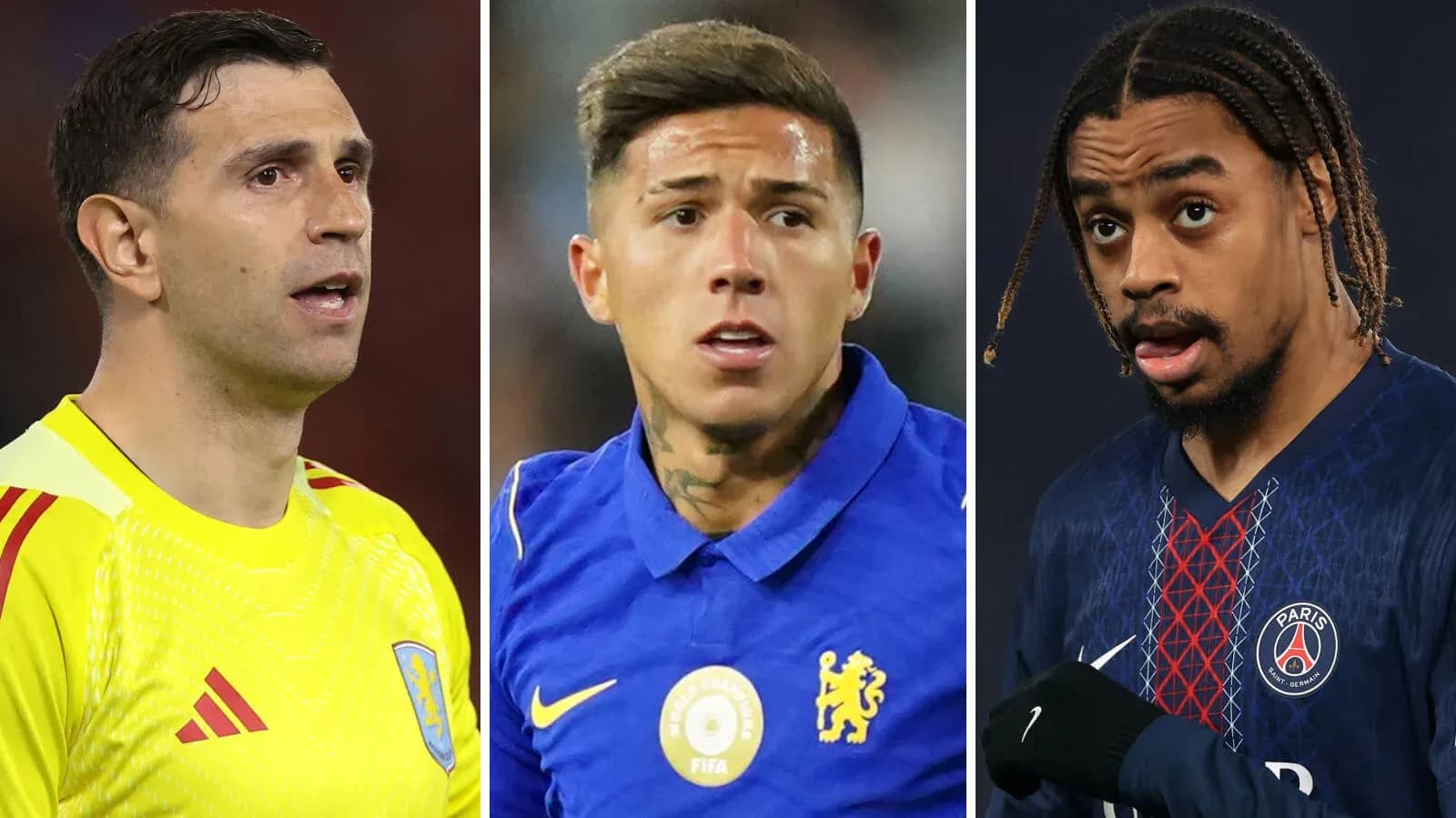 Trois joueurs de football en tenue d'équipe Trois joueurs de football en tenue d'équipe