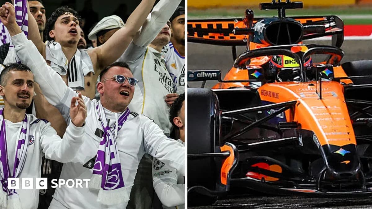Supporters celebrating on the left; McLaren F1 car racing on the right Supporters celebrating on the left; McLaren F1 car racing on the right