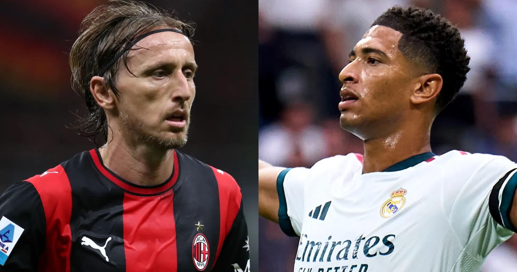 Deux joueurs en action, l'un en maillot AC Milan, l'autre en maillot Real Madrid Deux joueurs en action, l'un en maillot AC Milan, l'autre en maillot Real Madrid