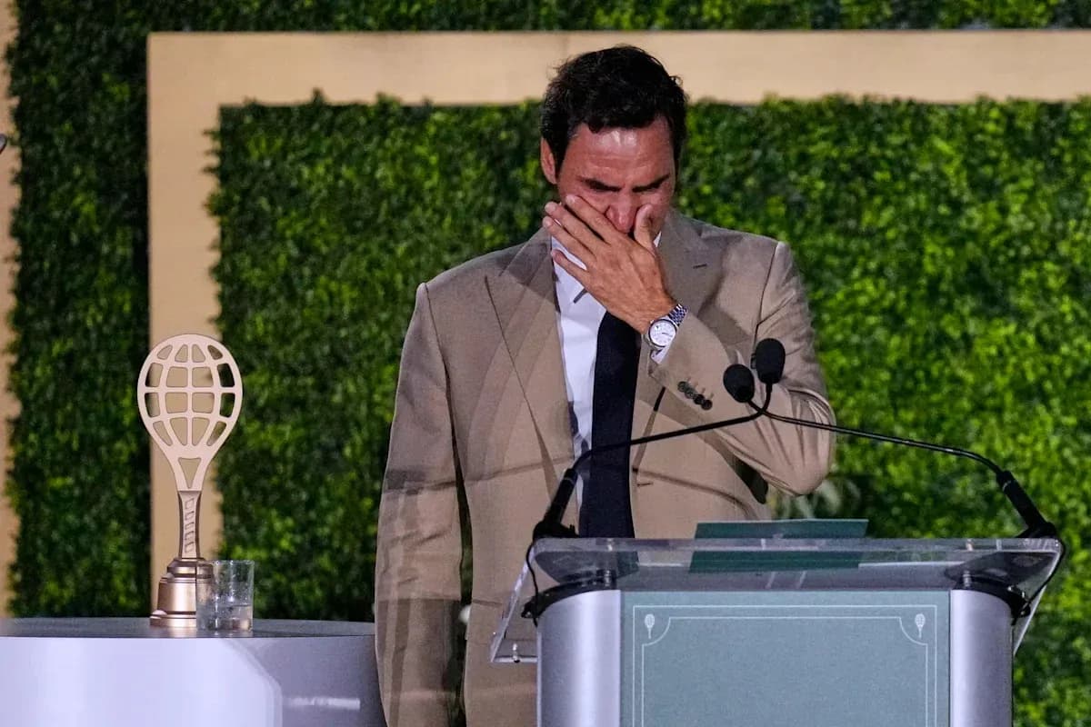 Roger Federer giving a speech at an event Roger Federer giving a speech at an event