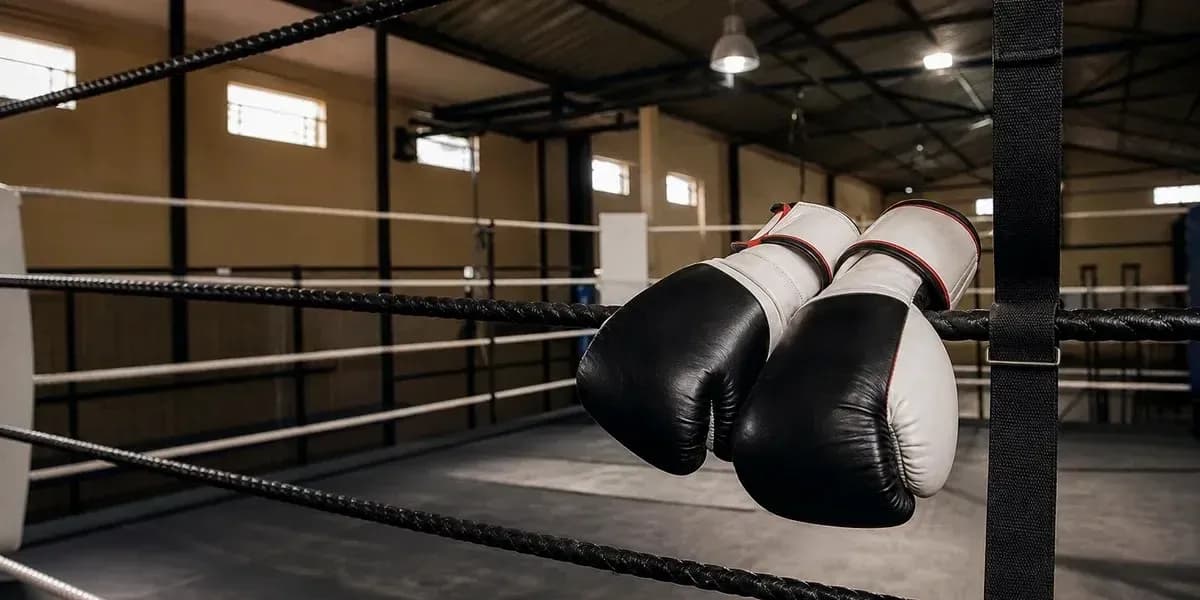 Gants de boxe suspendus dans un ring vide Gants de boxe suspendus dans un ring vide