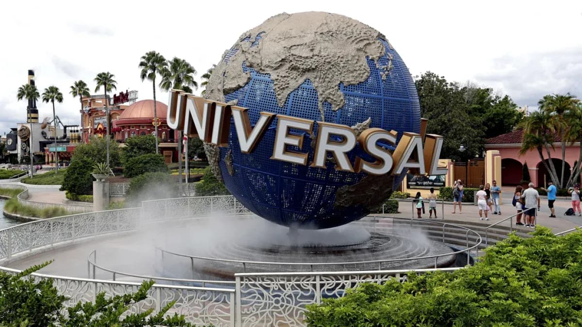 Globe monument with Universal logo at theme park Globe monument with Universal logo at theme park