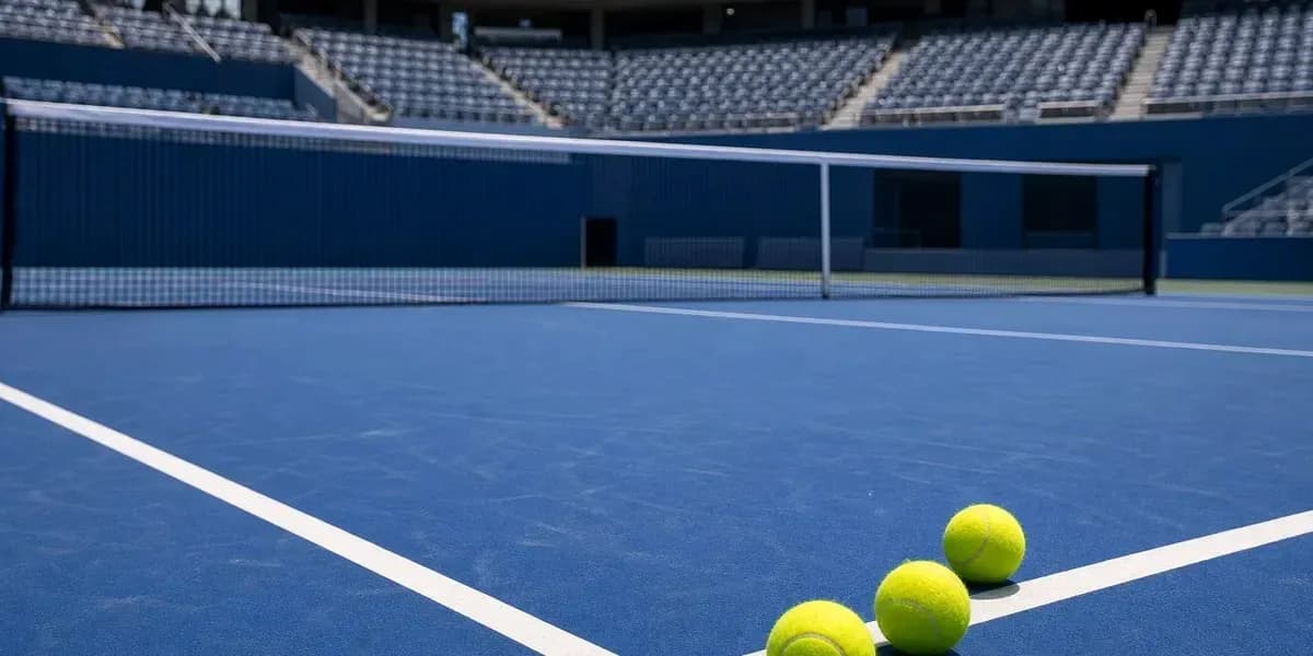 Trois balles de tennis sur un court bleu Trois balles de tennis sur un court bleu
